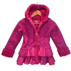 Hawke & Co Jacket Kids Girls 7/8 Pink Faux Suede Fleece Lined Hooded Full Zip
